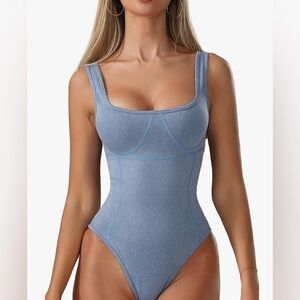 Cute Light Blue Women's Bodysuit Bodycon Scoop Neck Top - Size Small Medium